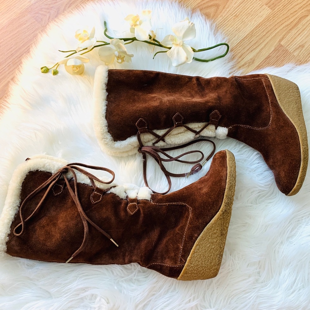 Micheal Kors Shearling Brown Suede Wedge Boots 6.5